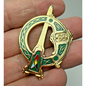 Vintage Celtic Knot Irish Tara Sword Gold Tone Brooch Kilt Pin Green Enamel